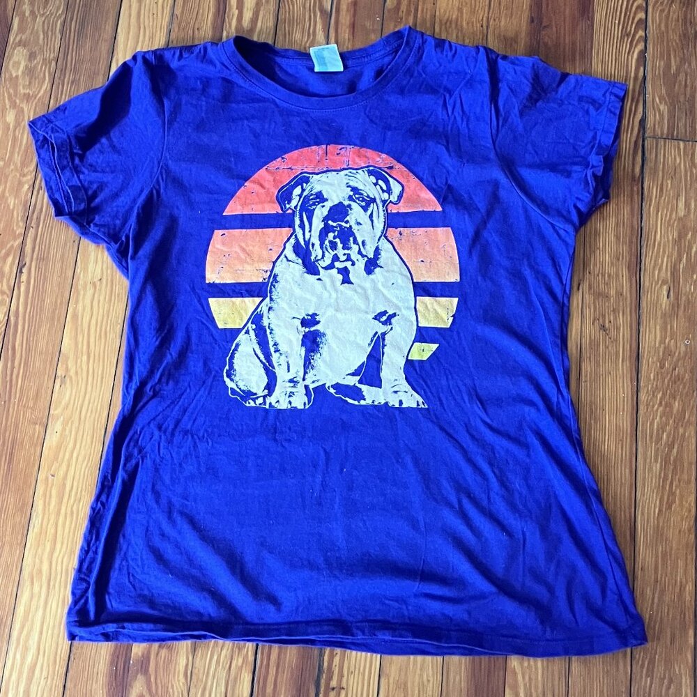 British English Bulldog Graphic T-Shirt L Blue Retro Dog Mom Tee